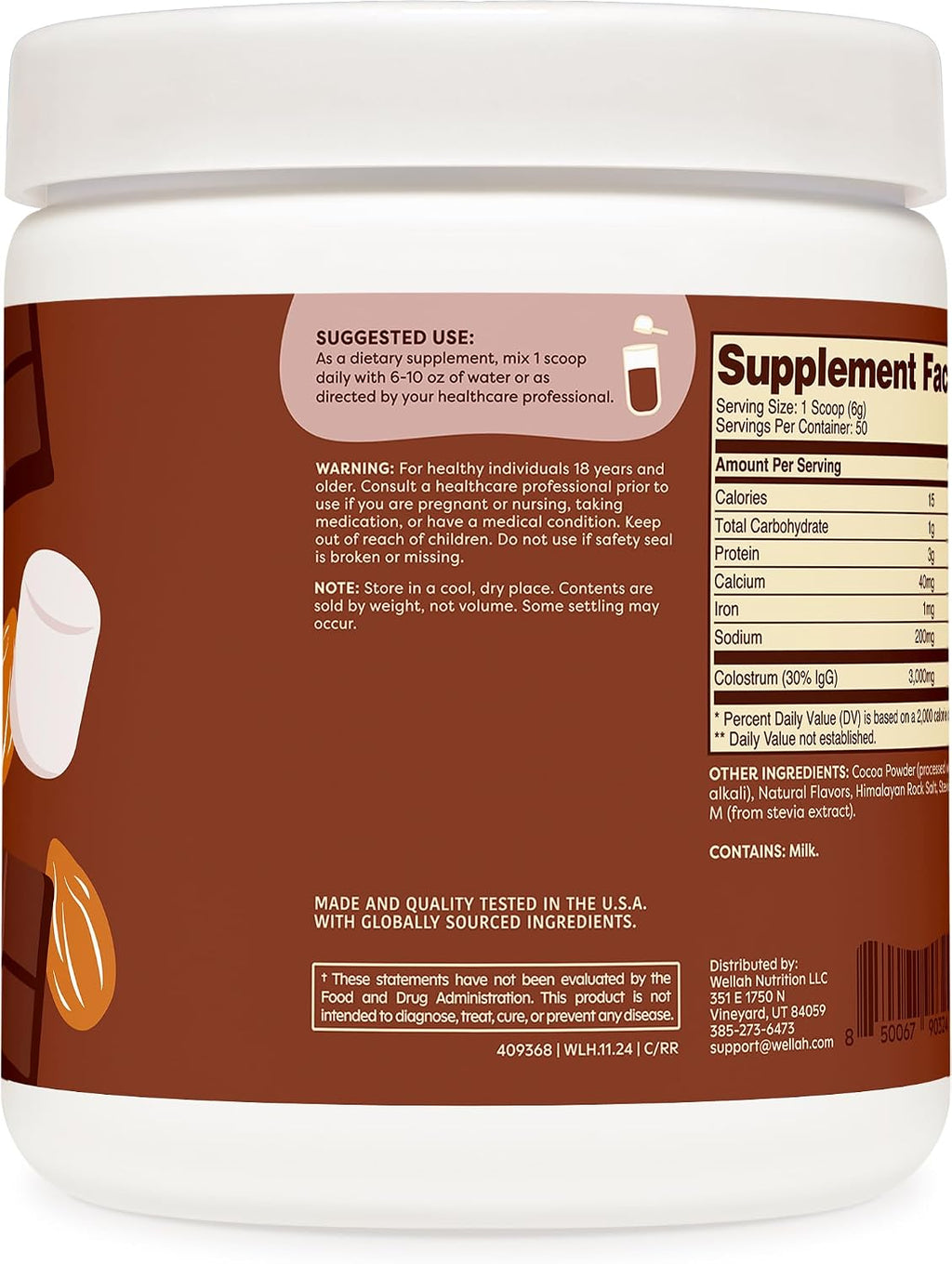 Wellah Colostrum Sabor Rocky Road (50 Dosis) - Endulzado con Stevia, 3g de Calostro por Dosis, Complemento Alimenticio