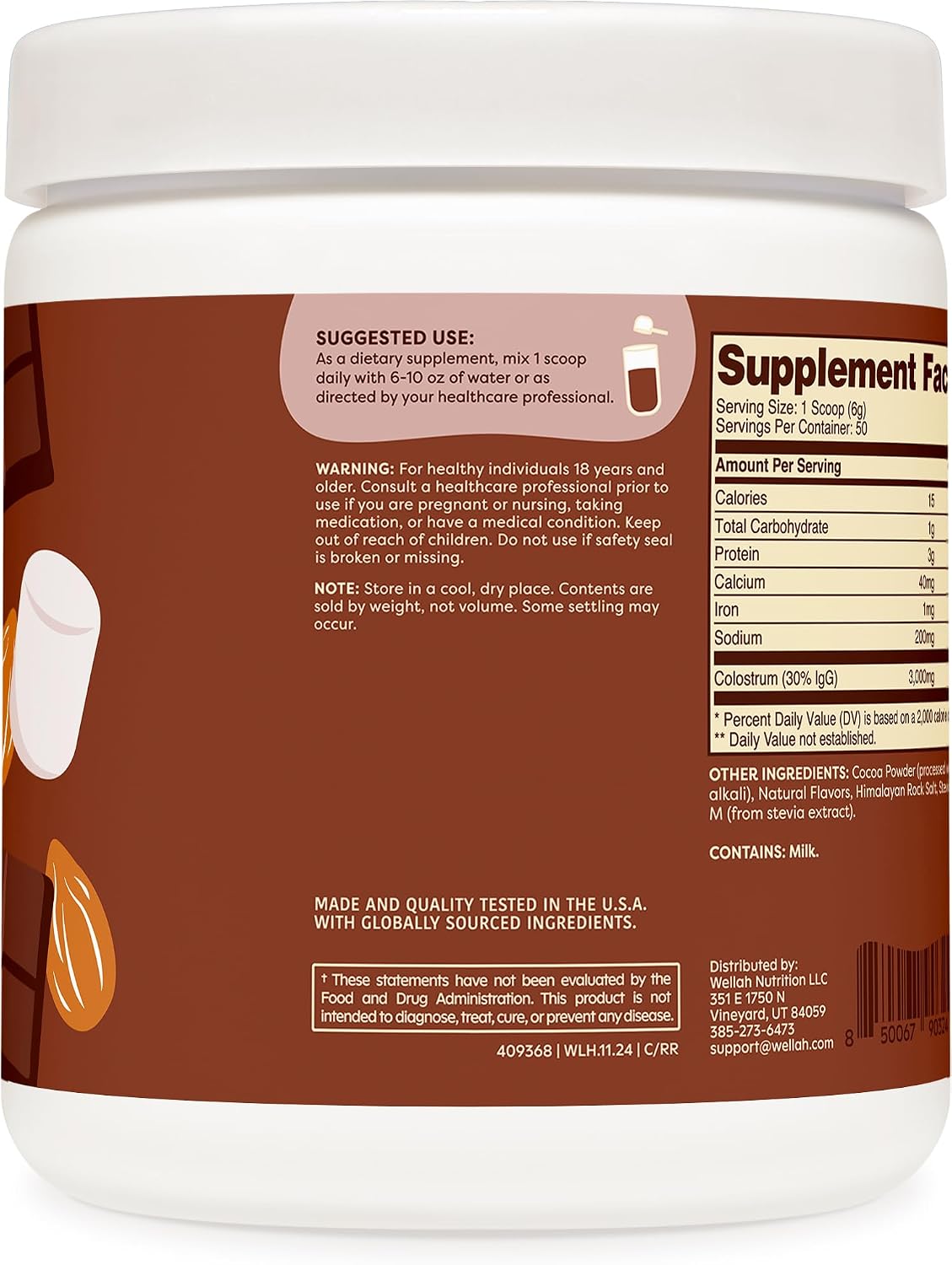 Wellah Colostrum Sabor Rocky Road (50 Dosis) - Endulzado con Stevia, 3g de Calostro por Dosis, Complemento Alimenticio