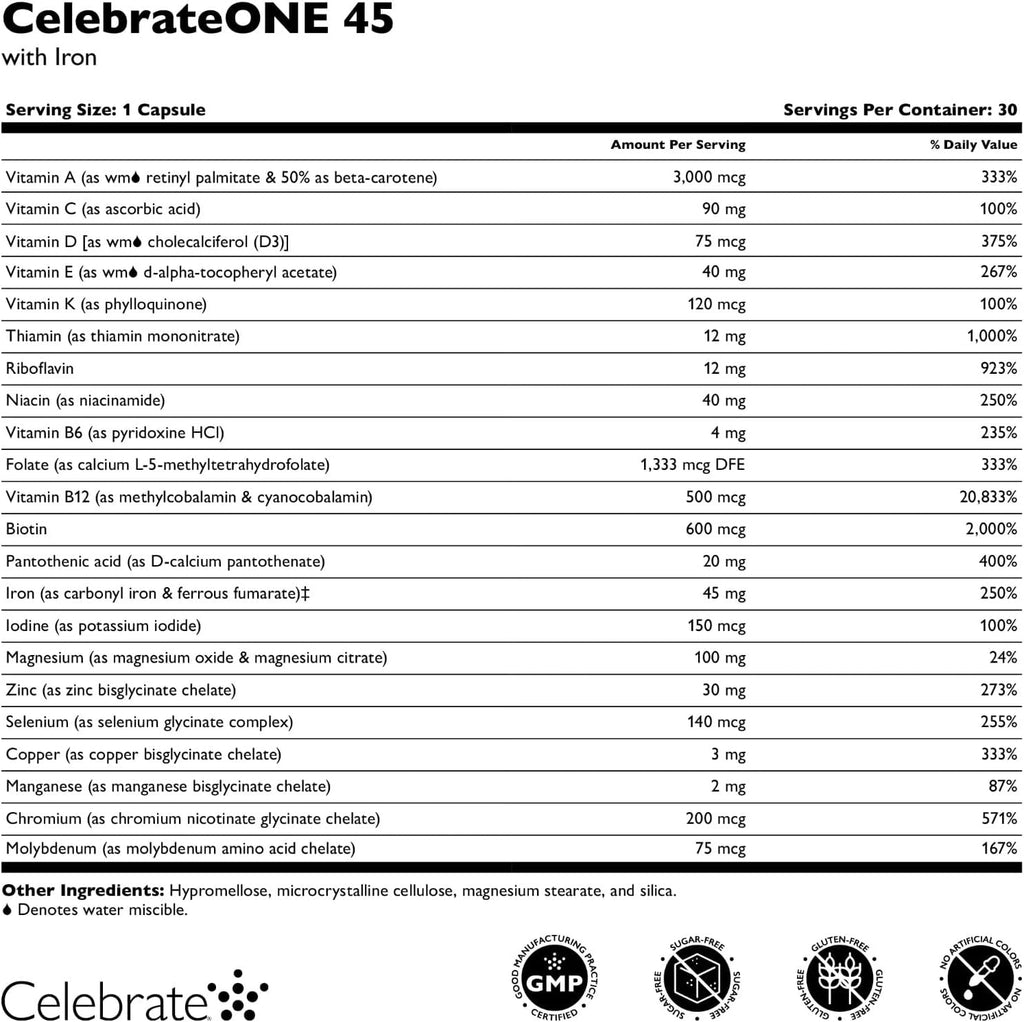 CelebrateONE 45 Multivitamínico Bariátrico con Hierro 45 mg, 30 Cápsulas