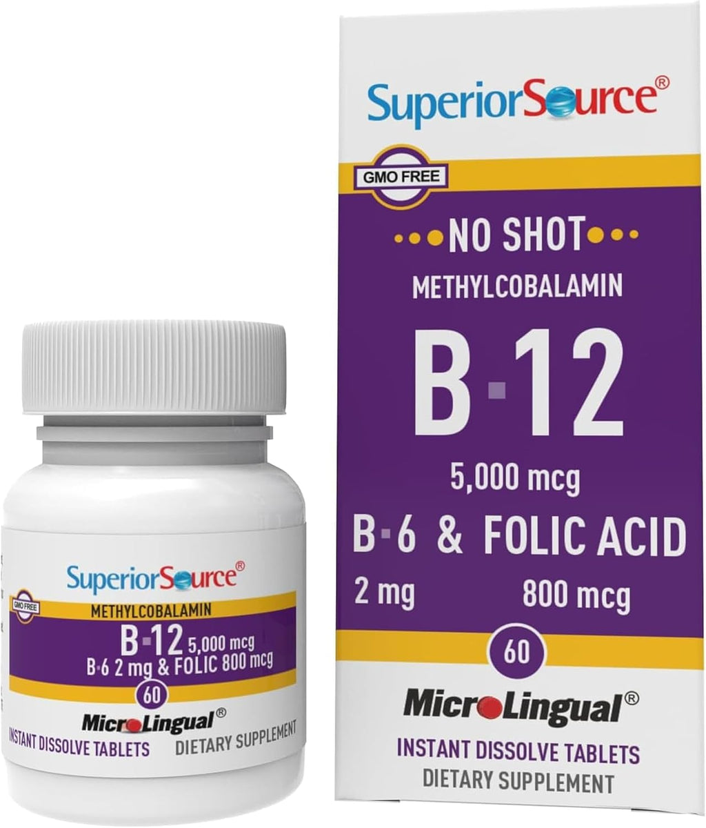 Superior Source Vitamina B12 Metilcobalamina 5000 mcg con B6 y Ácido Fólico - 60 Comprimidos Sublinguales