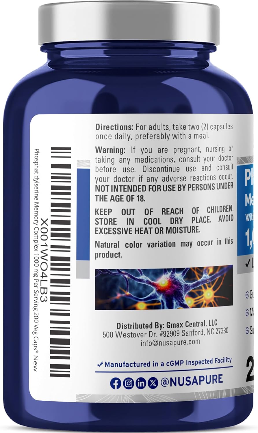 NusaPure Phosphatidylserine Memory Ultimate Complex 1000mg 200 Cápsulas Vegetarianas (Vegano, No Transgénico)