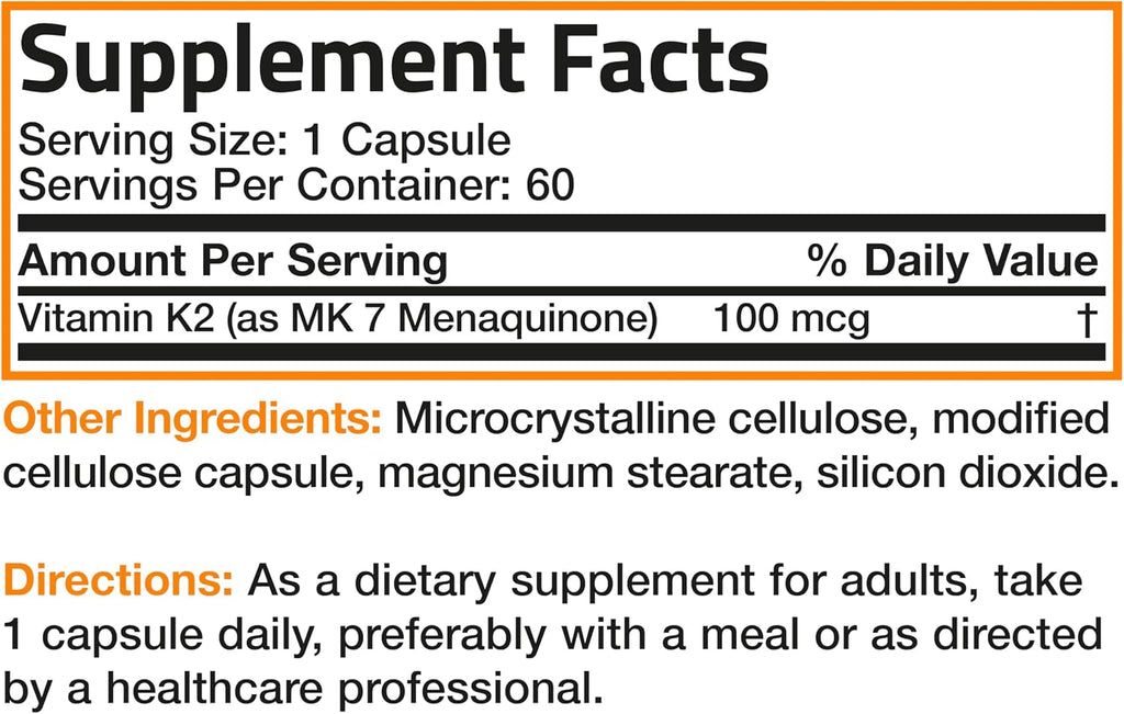 Bronson Vitamina K2 como MK-7 Menaquinona 100 mcg, 60 Cápsulas