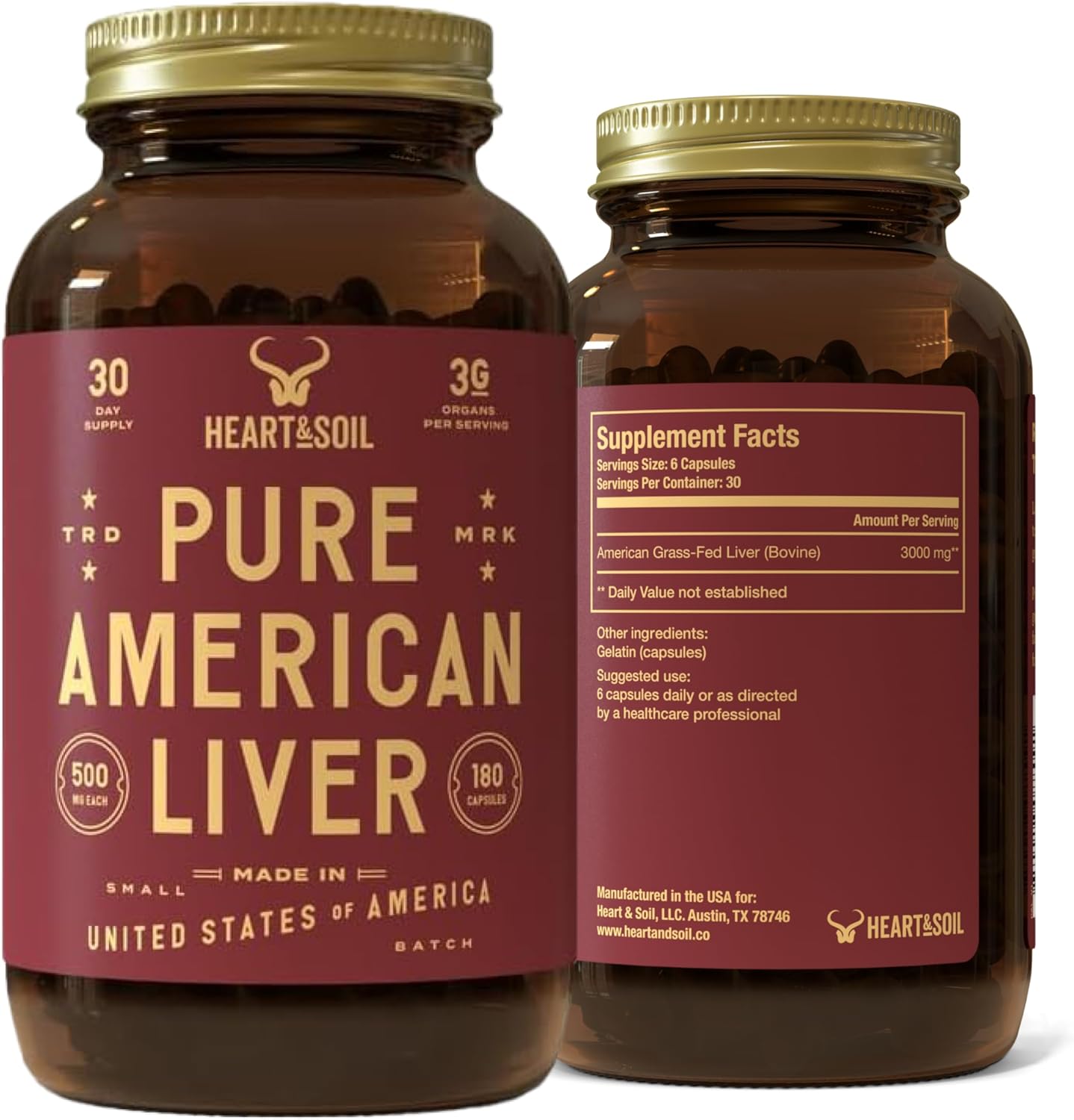 HEART & SOIL – Órganos de Res 100% Alimentados con Pasto – 3000mg – 180 Cápsulas