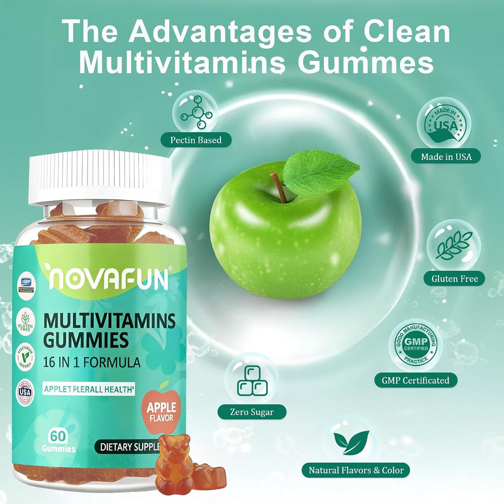 Novafun Multivitamin Gummies - 16 en 1, para Mujeres, Hombres y Niños, Vegano, Sin Azúcar, 60 Gominolas