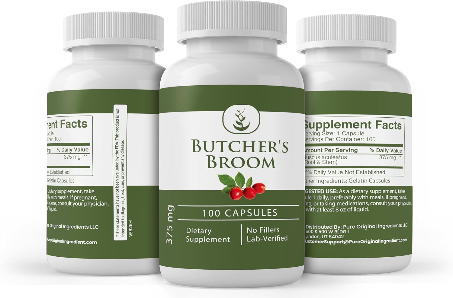 Pure Original Ingredients Escoba de Carnicero, 100 Cápsulas, Siempre Puro, Sin Aditivos ni Rellenos, Verificado en Laboratorio