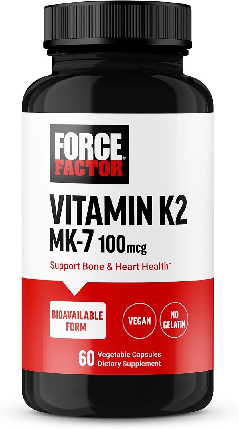 Force Factor MK-7 Vitamina K2 100mcg - Suplemento para Huesos y Corazón, Vegano, No-GMO, 60 Cápsulas Vegetales