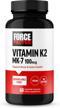 Force Factor MK-7 Vitamina K2 100mcg - Suplemento para Huesos y Corazón, Vegano, No-GMO, 60 Cápsulas Vegetales