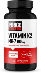 Force Factor MK-7 Vitamina K2 100mcg - Suplemento para Huesos y Corazón, Vegano, No-GMO, 60 Cápsulas Vegetales