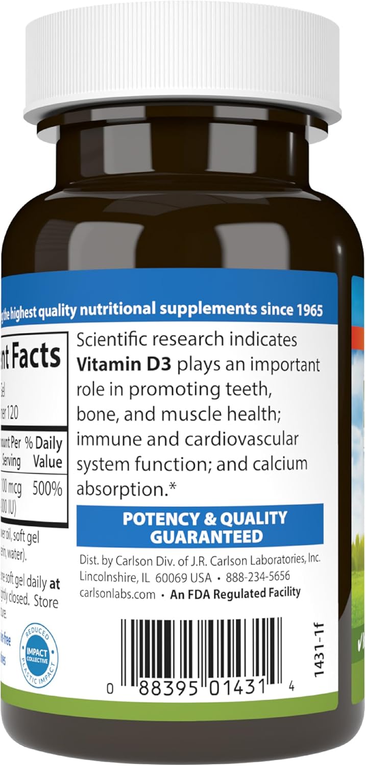 Carlson Labs Vitamina D 4000 UI Suplemento Dietético en Cápsulas Blandas, 120 Cápsulas