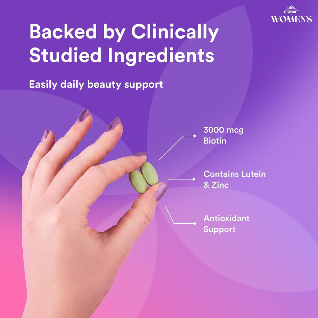 GNC Women's Hair, Skin & Nails - Complejo multivitamínico para mujer con Biotina, Ácido Hialurónico, Vitaminas C y E - 60 comprimidos