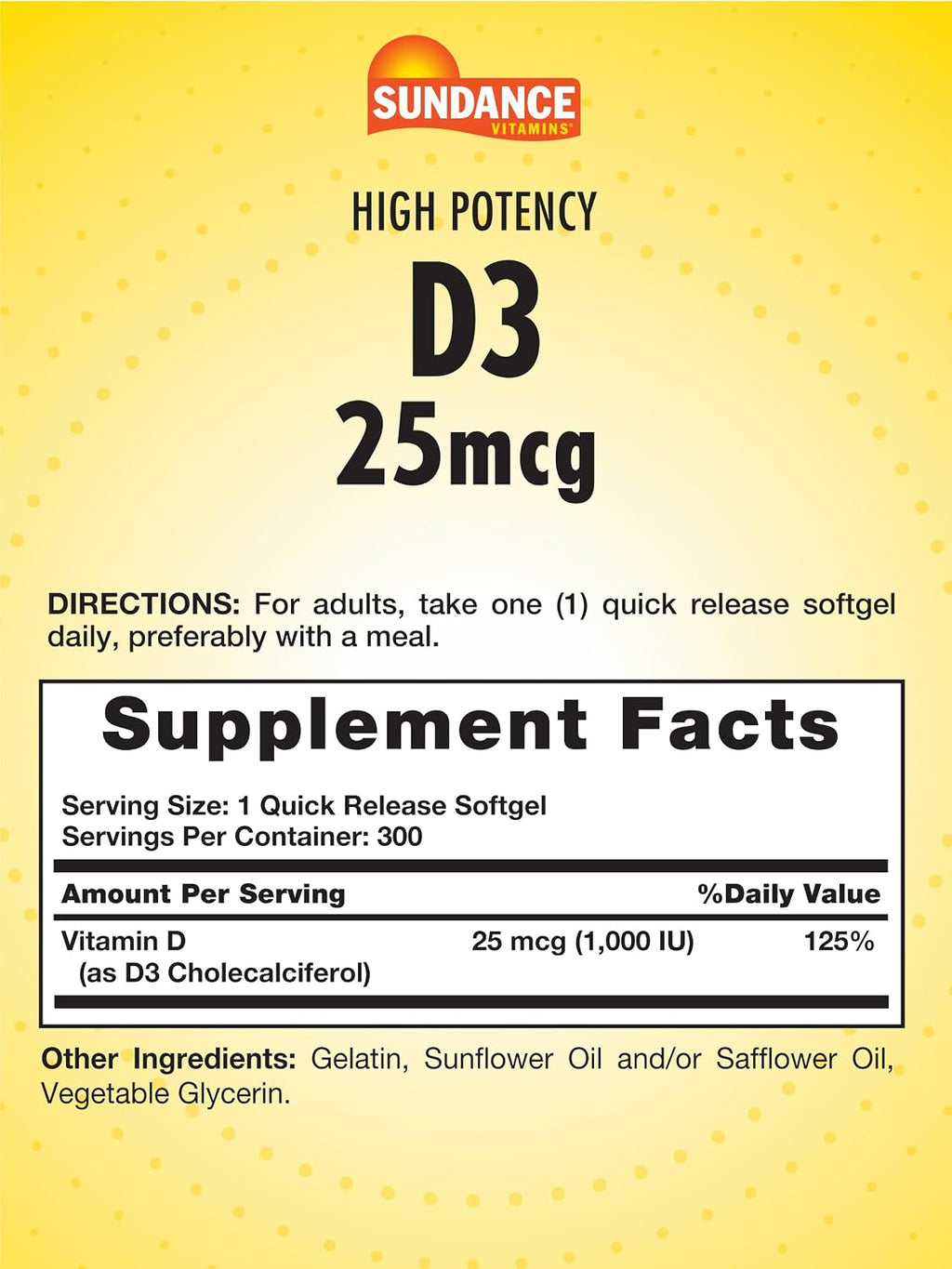Sundance Vitamina D3 1000 IU 300 Cápsulas Blandas - No-GMO, Sin Gluten