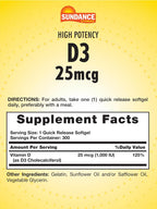 Sundance Vitamina D3 1000 IU 300 Cápsulas Blandas - No-GMO, Sin Gluten