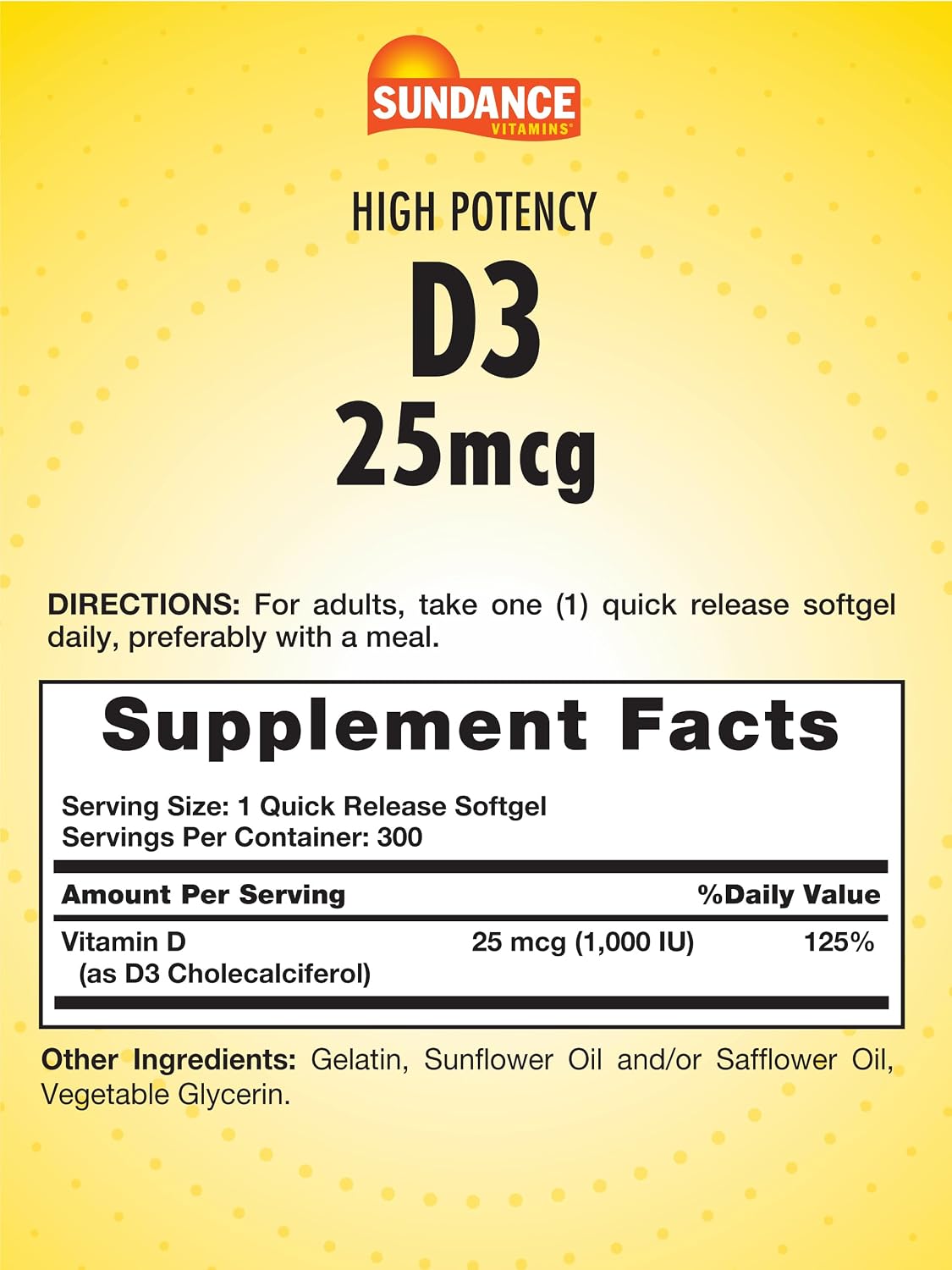 Sundance Vitamina D3 1000 IU 300 Cápsulas Blandas - No-GMO, Sin Gluten