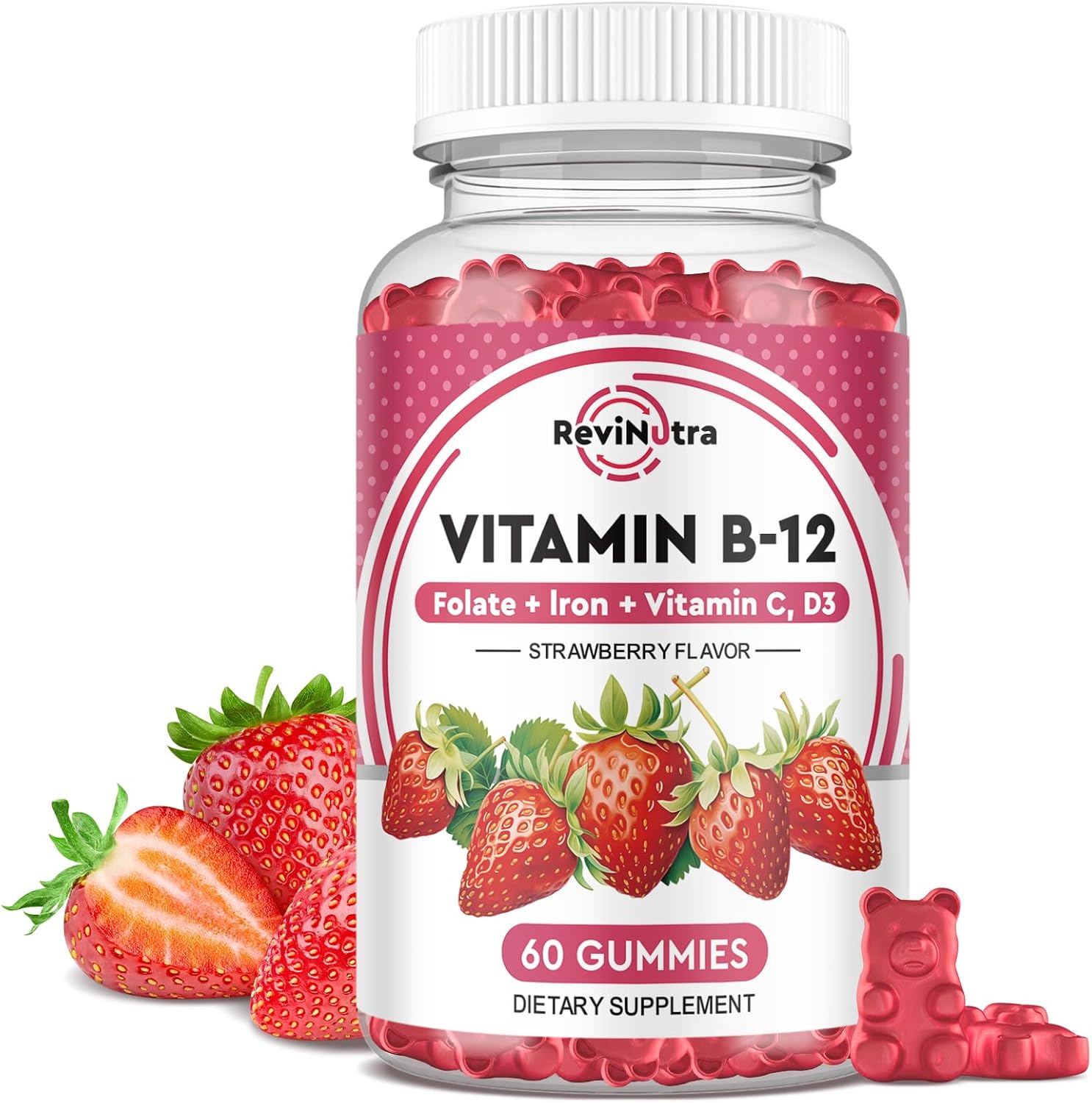ReviNutra Gomitas de Vitamina B12 - 5000 mcg de Metilcobalamina con Hierro, Vitamina C, D3 y Folato - 60 Gomitas Veganas