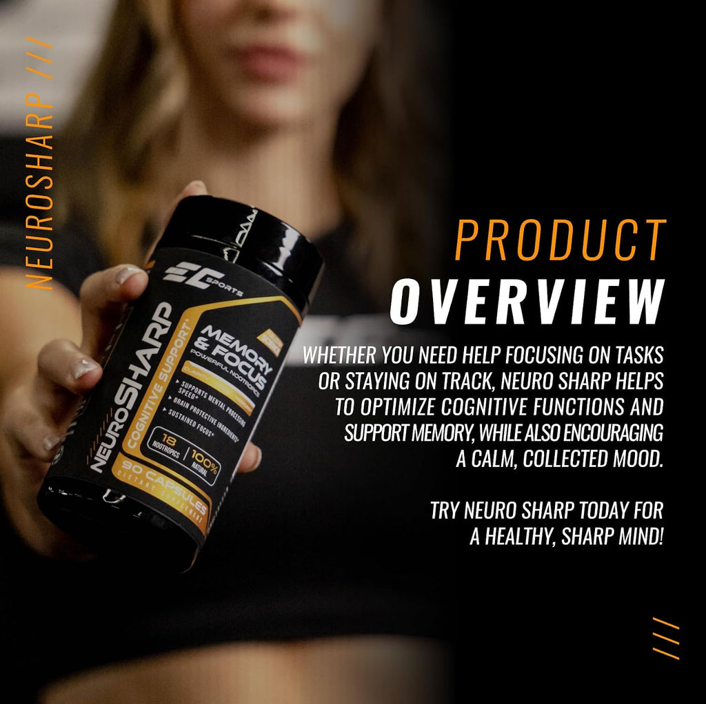 EC Sports NeuroSharp Powerful Nootropic Supplement for Focus, Faster Processing, Instant Positive Energy & Performance, Memory & Cognitive Support w/ 18 Nootropics - 90 Capsules