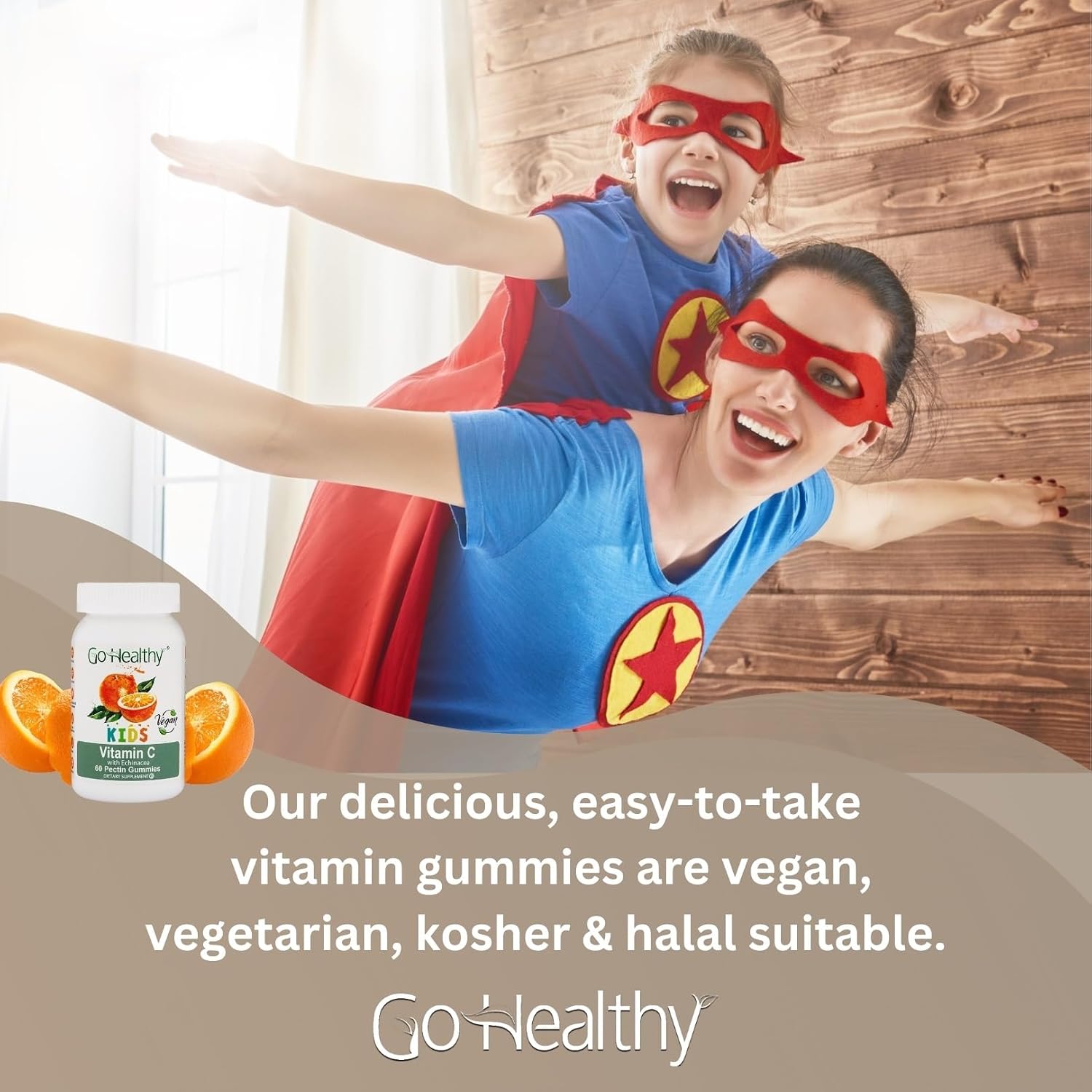 Go Healthy Kids Vitamin C Gummies – Gominolas de Vitamina C para Niños, Sabor Naranja, Veganas, Sin Gelatina, 60 unidades