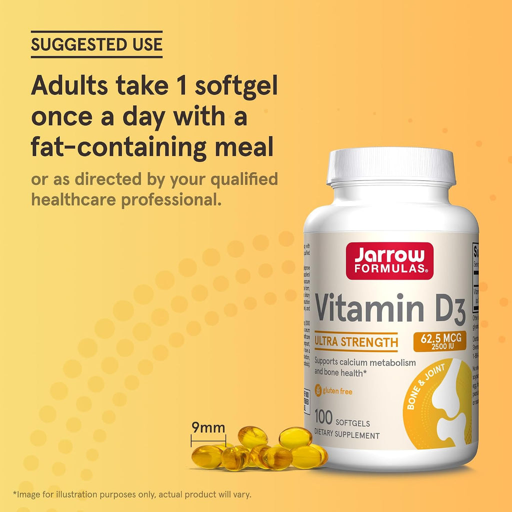 Jarrow Formulas Vitamina D3 62.5 mcg (2,500 UI) - 100 Cápsulas Blandas - Salud Ósea y Apoyo Inmunológico - Sin Gluten
