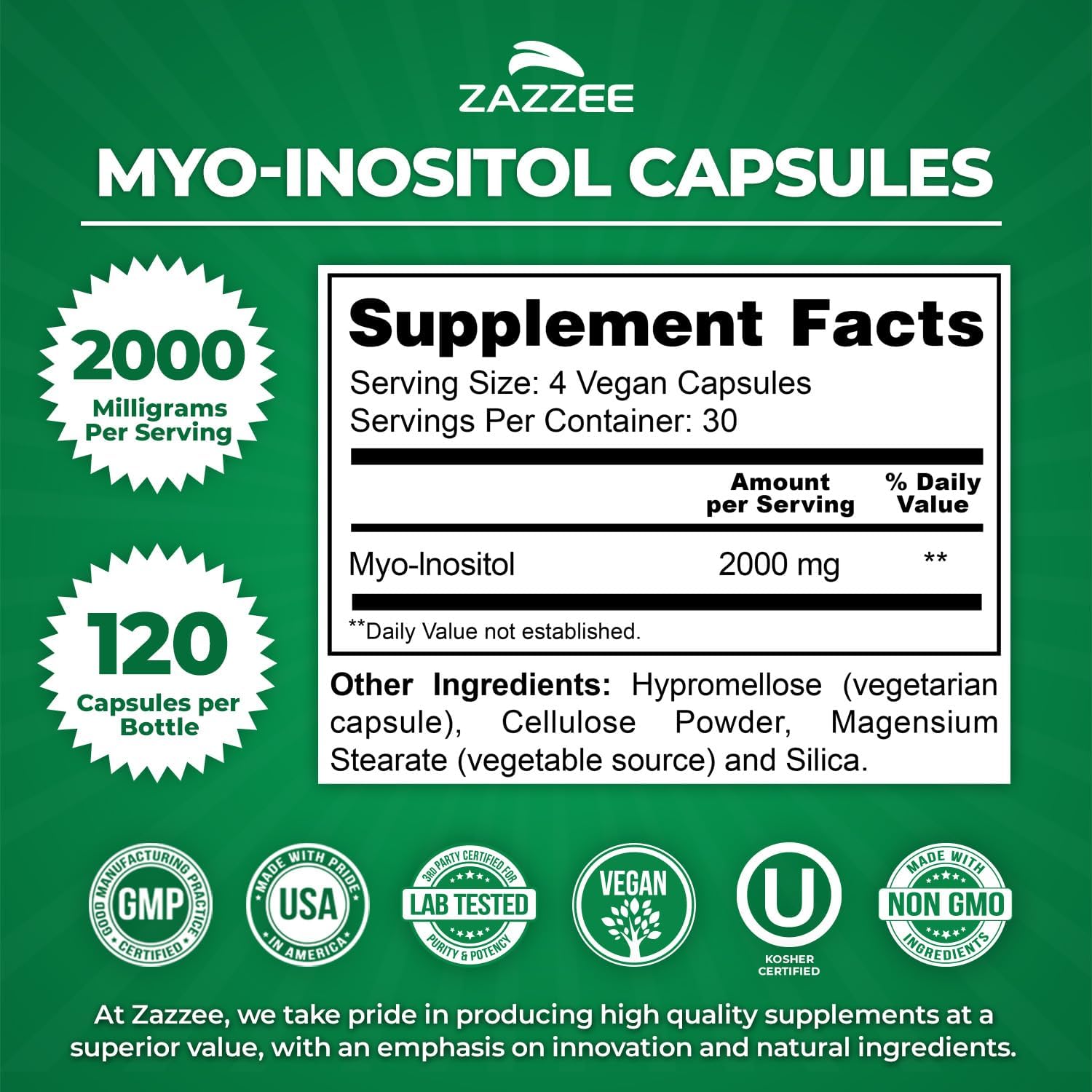 Zazzee Mioinositol 2000 mg 120 Cápsulas Veganas