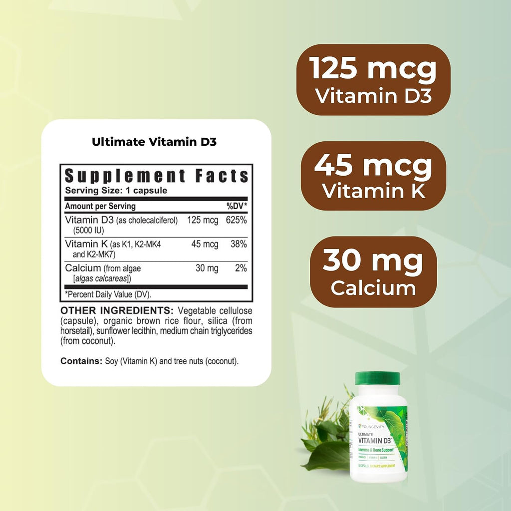 Youngevity Ultimate Vitamina D3 5000 UI con K2 – Suplemento de alta potencia con D3, K2 y Calcio – 60 Cápsulas