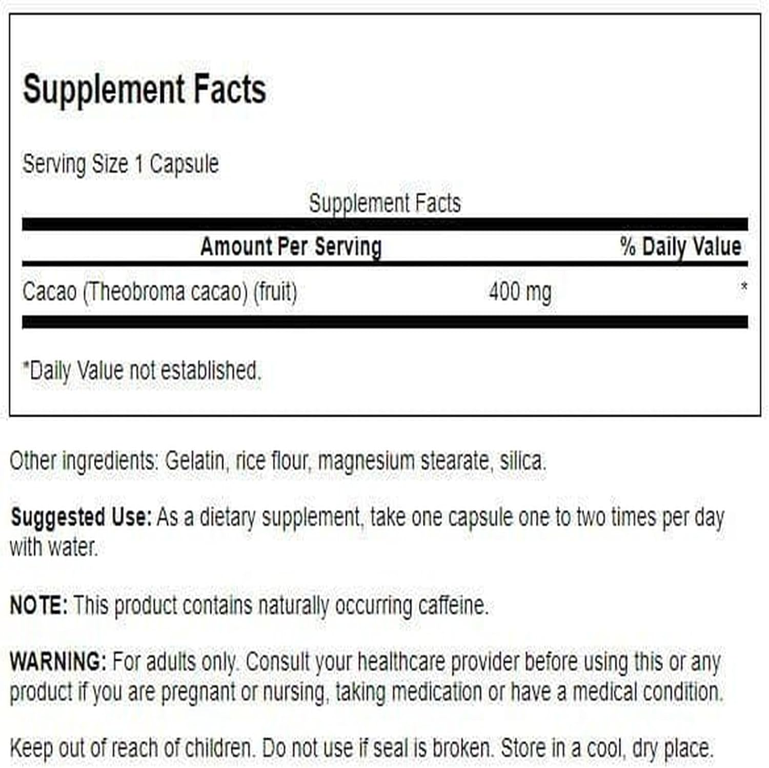 Swanson Full Spectrum Cacao (Cacao Crudo) - Suplemento Herbal para Apoyo Energético Suave - 60 Cápsulas