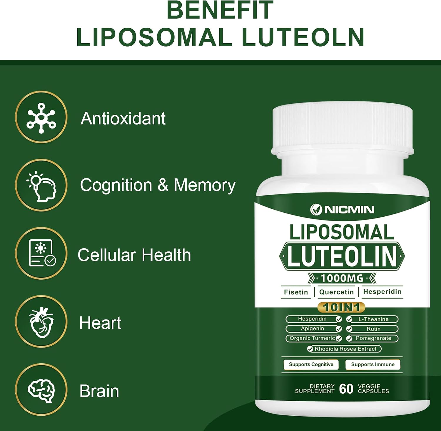 NICMIN 1000 mg Luteolina Liposomal, Máxima Absorción, 120 Cápsulas