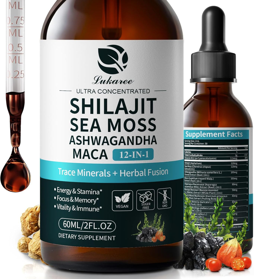 Shilajit Líquido Gotas, Complejo 12 en 1 - Musgo Marino, Ashwagandha, Maca, Ácido Fúlvico, Minerales Traza, Vitaminas Líquidas para Hombres y Mujeres, Energía, Antioxidante, Apoyo Inmunológico, 60ml