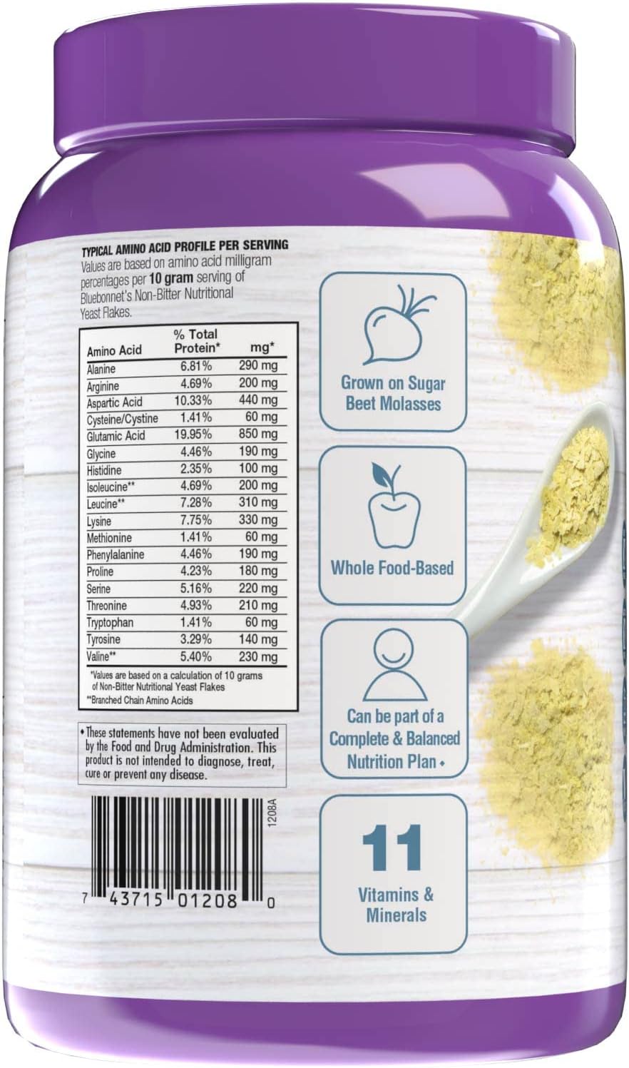 BlueBonnet Nutrition Copos de Levadura Nutricional No Amarga - Proteína Vegetal, Vitaminas B y Vitamina D - No Transgénico, Vegano, Kosher, Sin Gluten, Sin Soja - 300 g, 30 Raciones
