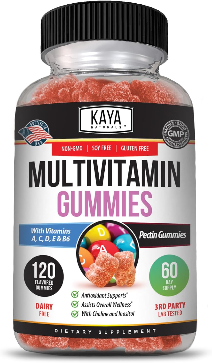 Kaya Naturals Adult Multi Vitamin Gummy - Multivitamínico en Gominolas para Adultos con Biotina, Vitamina A, B12, C, E, Zinc y Ácido Fólico - Sabor Fresa - Sin Gluten
