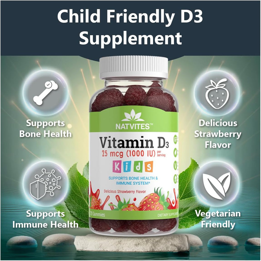 Vitamina D3 Gominolas para Niños - 1000 UI - Sabor Fresa - 120 Gominolas