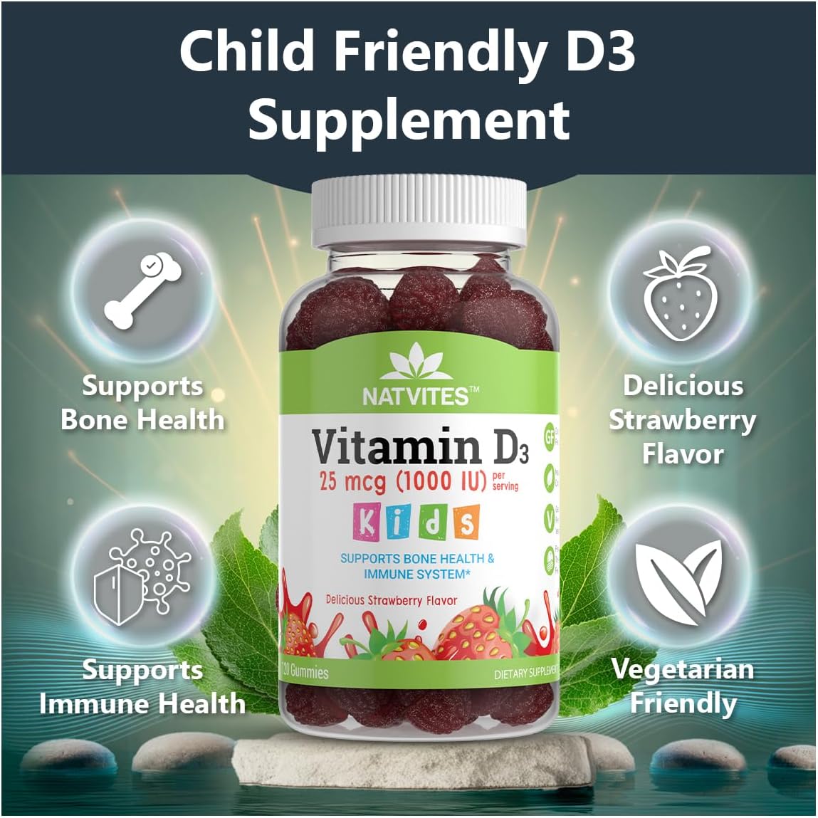 Vitamina D3 Gominolas para Niños - 1000 UI - Sabor Fresa - 120 Gominolas