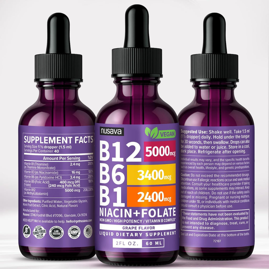 NUSAVA Pack de 2 Gotas de Vitamina B12 5000mcg - Sublingual con Complejo B - Metilcobalamina - Vegano, Sabor Uva