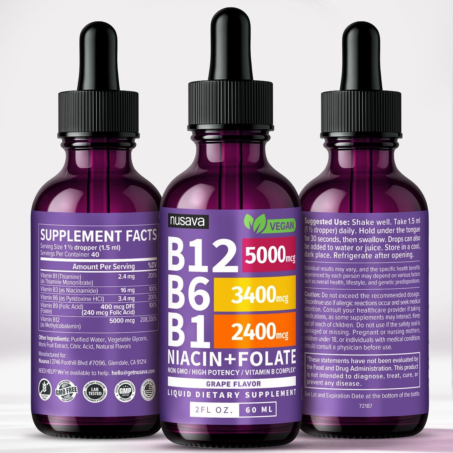 NUSAVA Pack de 2 Gotas de Vitamina B12 5000mcg - Sublingual con Complejo B - Metilcobalamina - Vegano, Sabor Uva
