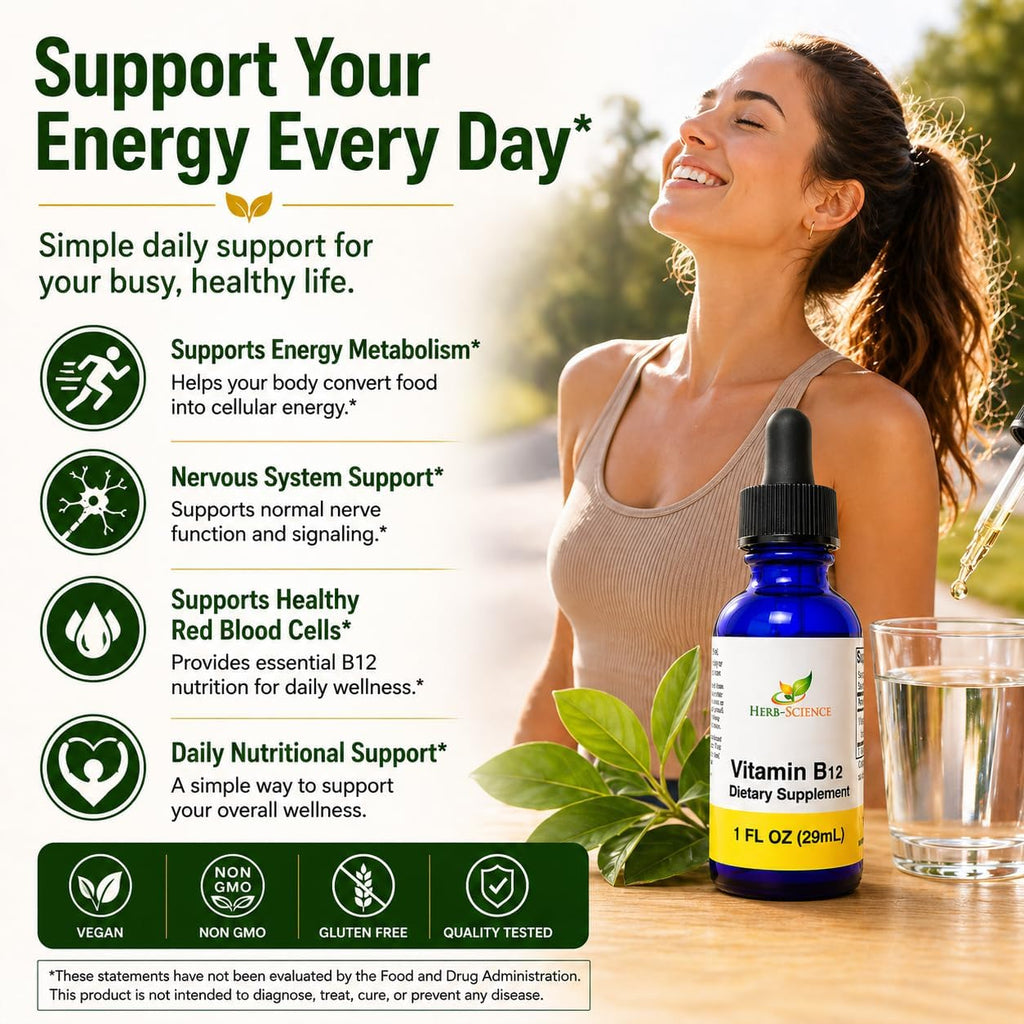 Herb-Science Vitamina B12 Líquida – Gotas Sublinguales de Cianocobalamina, Vegano, Sin Alcohol, 30 ml