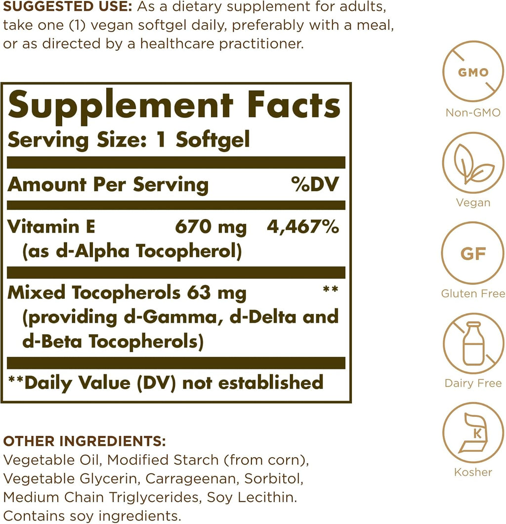 Vitamina E 670 mg (1000 UI) - Solgar 100 Cápsulas Blandas Veganas