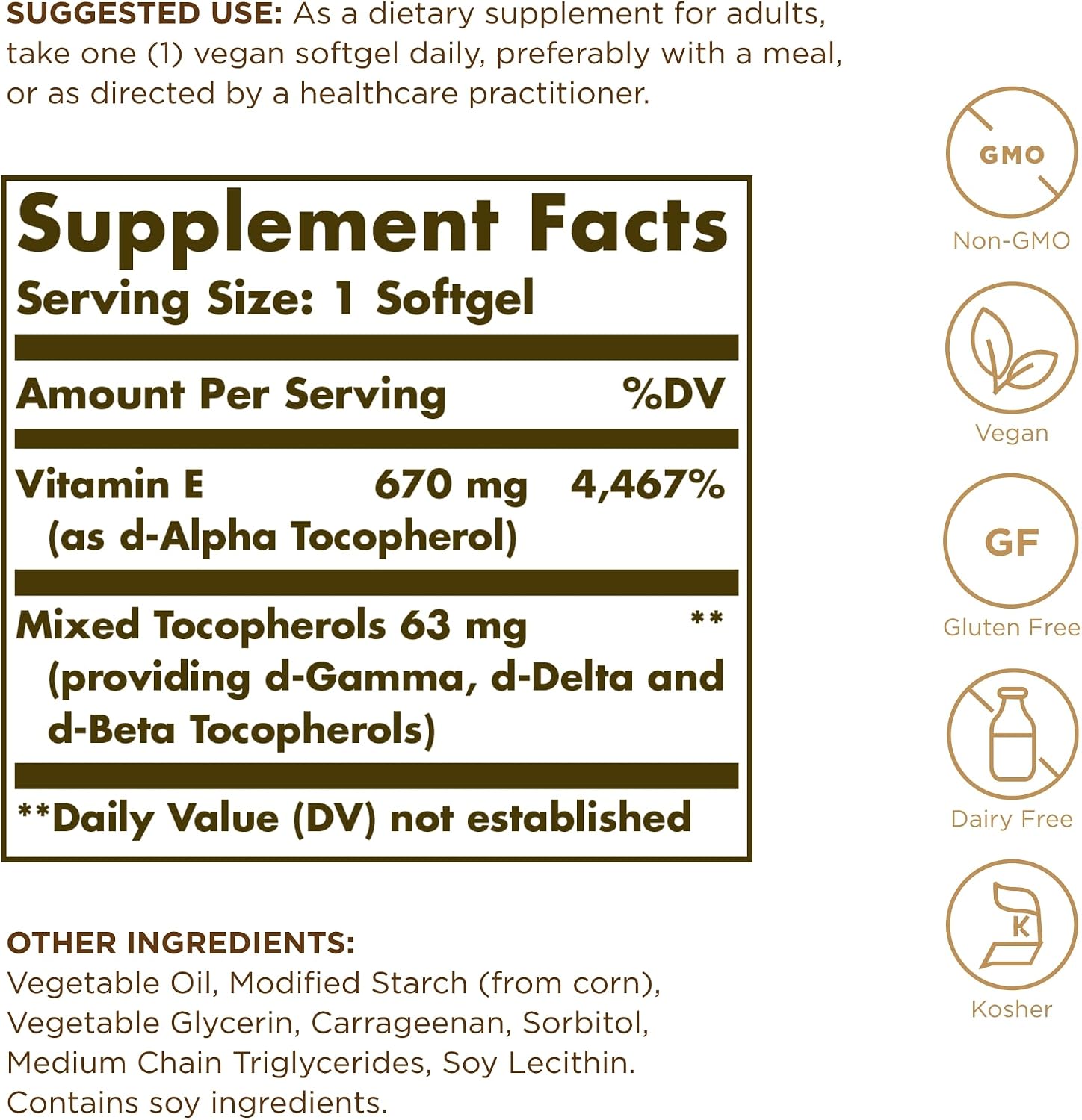 Vitamina E 670 mg (1000 UI) - Solgar 100 Cápsulas Blandas Veganas