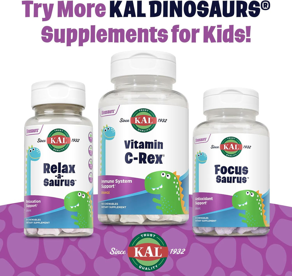 KAL MultiSaurus Multivitamínico Completo para Niños - Multivitamínico infantil con hierro, vitaminas A, C y calcio, sabor a bayas mixtas - 90 comprimidos masticables con forma de dinosaurio