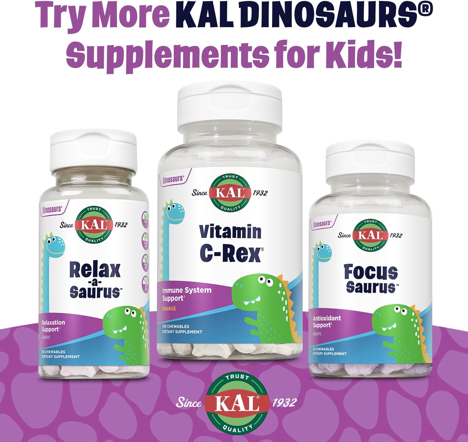 KAL MultiSaurus Multivitamínico Completo para Niños - Multivitamínico infantil con hierro, vitaminas A, C y calcio, sabor a bayas mixtas - 90 comprimidos masticables con forma de dinosaurio
