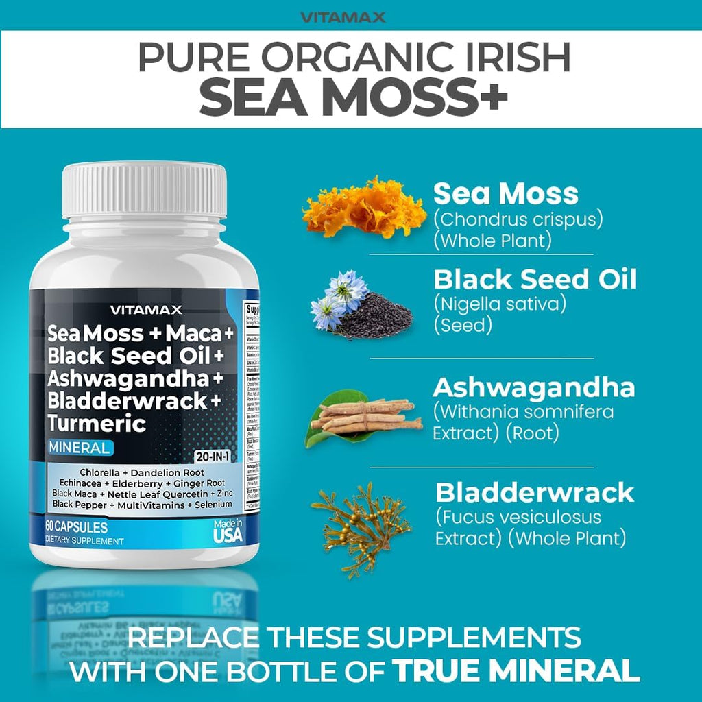 Vitamax Pure Himalayan Shilajit con Sea Moss, Ashwagandha, Bladderwrack y Ginkgo Biloba - Cápsulas Veganas