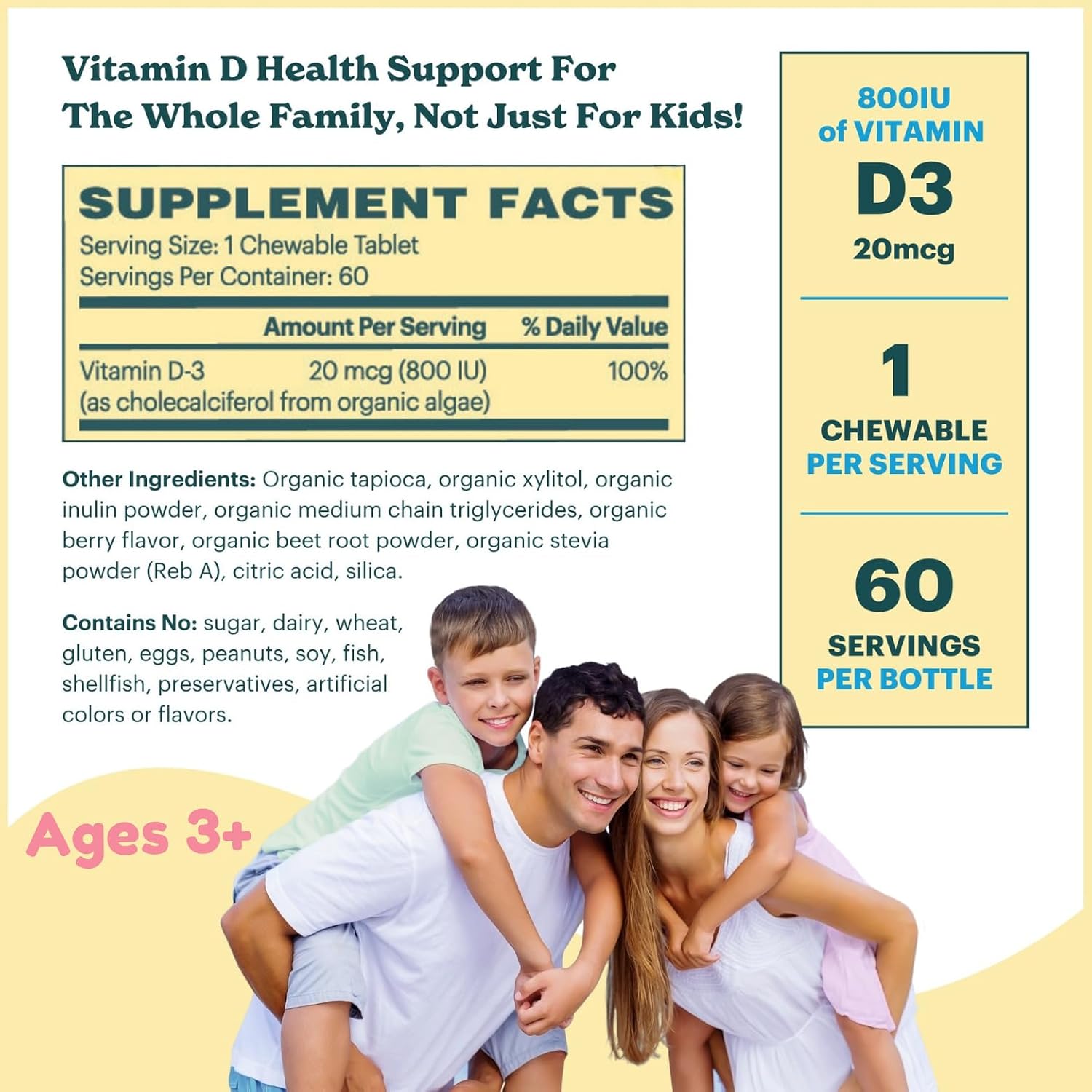 MamaDoc Rx Vitamina D3 Orgánica Masticable para Niños y Adolescentes | 800 UI | Sin Azúcar, Vegano, Sin Alérgenos | 2 Meses de Suministro | Edad 3+