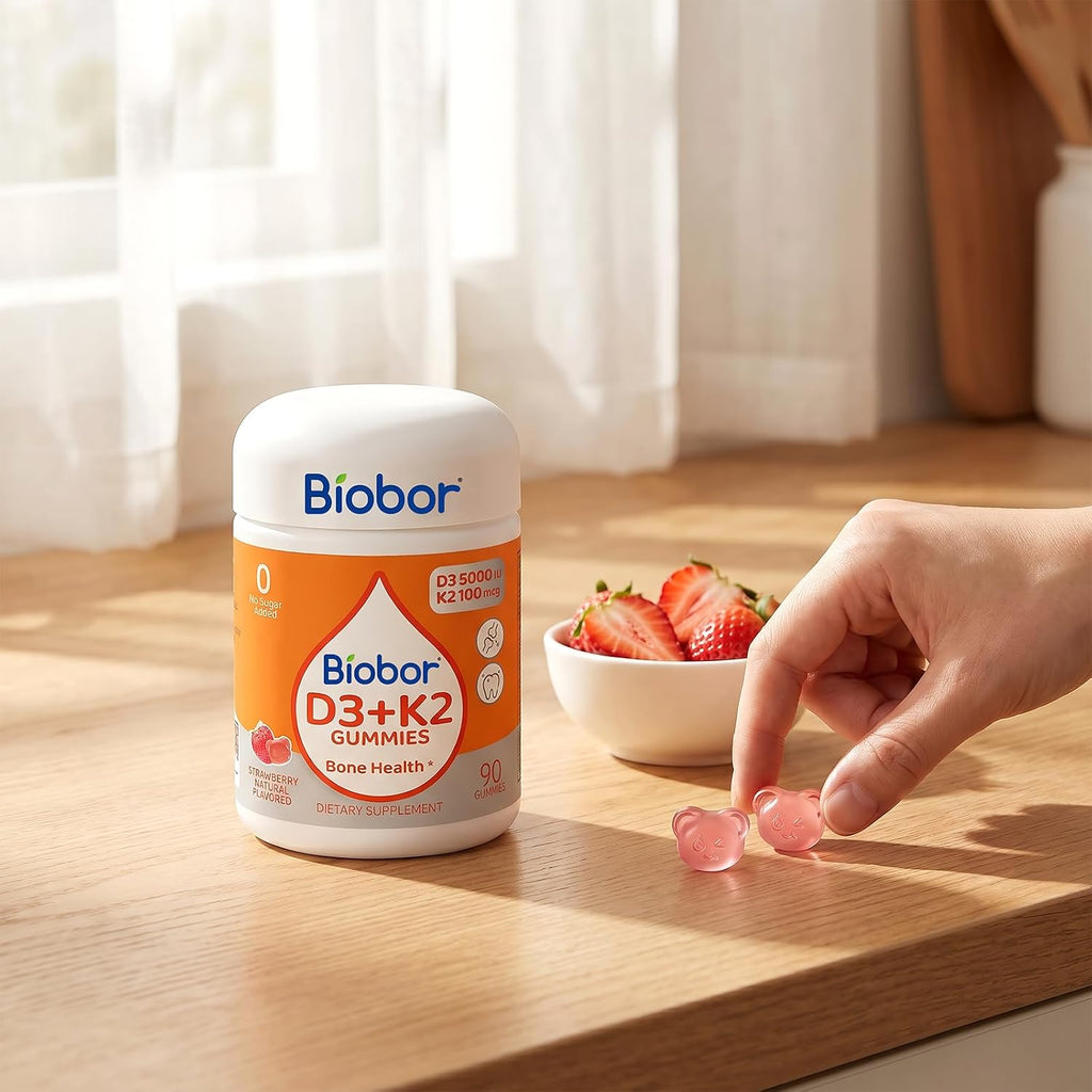 Biobor Natural Vitamin D3 K2 Gummies, 5000 UI D3 + 100 mcg K2 (MK-7), 90 Gominolas
