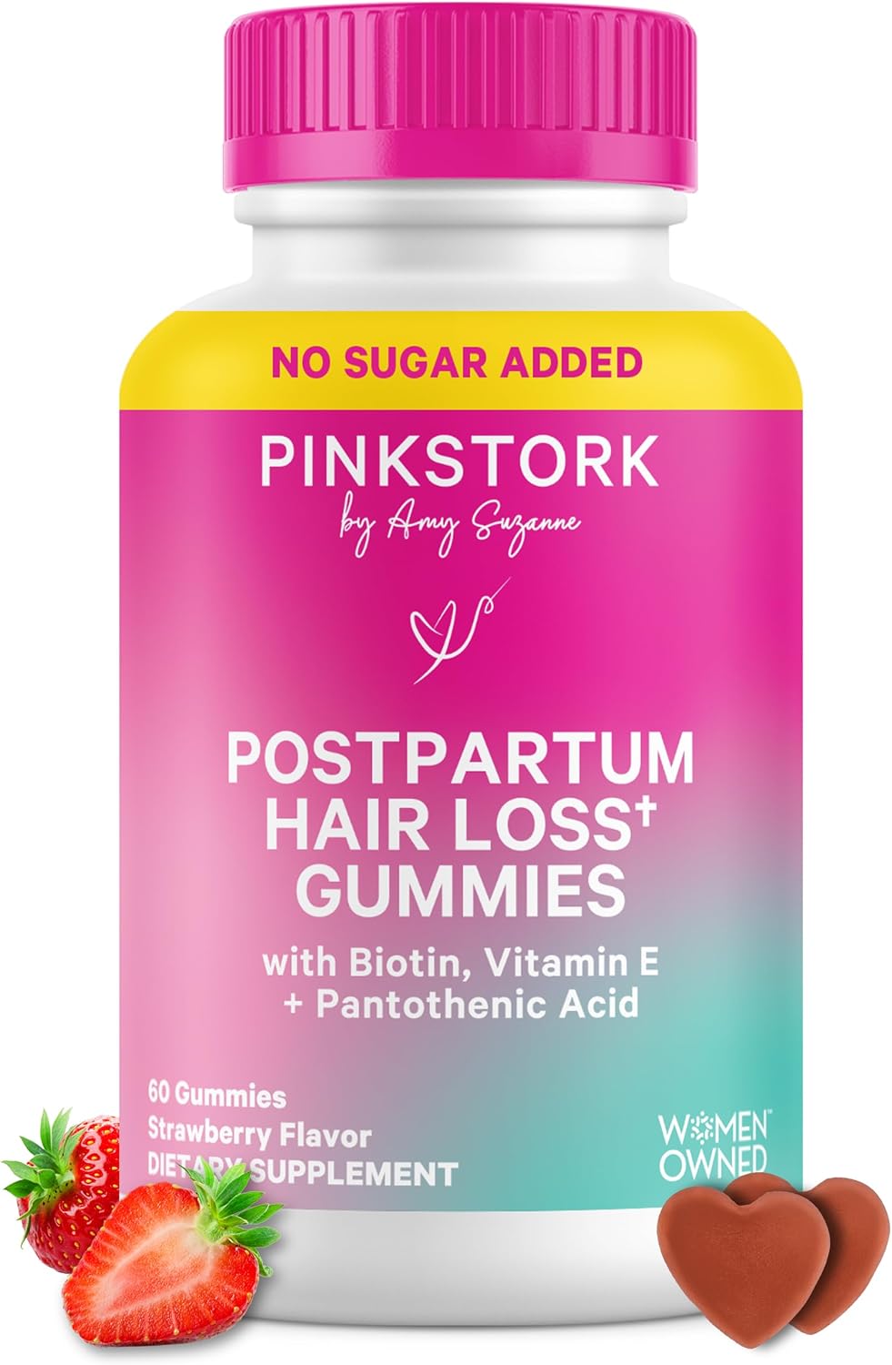 Pink Stork Gominolas para la Caída del Cabello Postparto, 60 unidades | Biotina, Ácido Pantoténico, Vitamina E, B6, B12