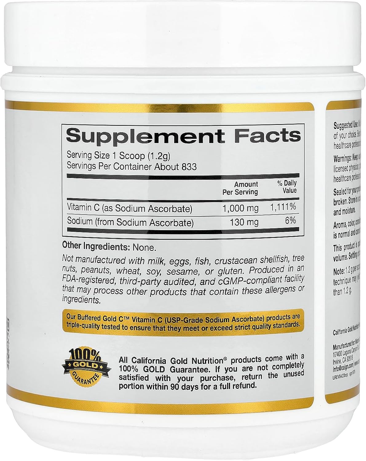 California Gold Nutrition Buffered Gold C™ – Polvo de Vitamina C No Ácida (Ascorbato Sódico) – 1 kg