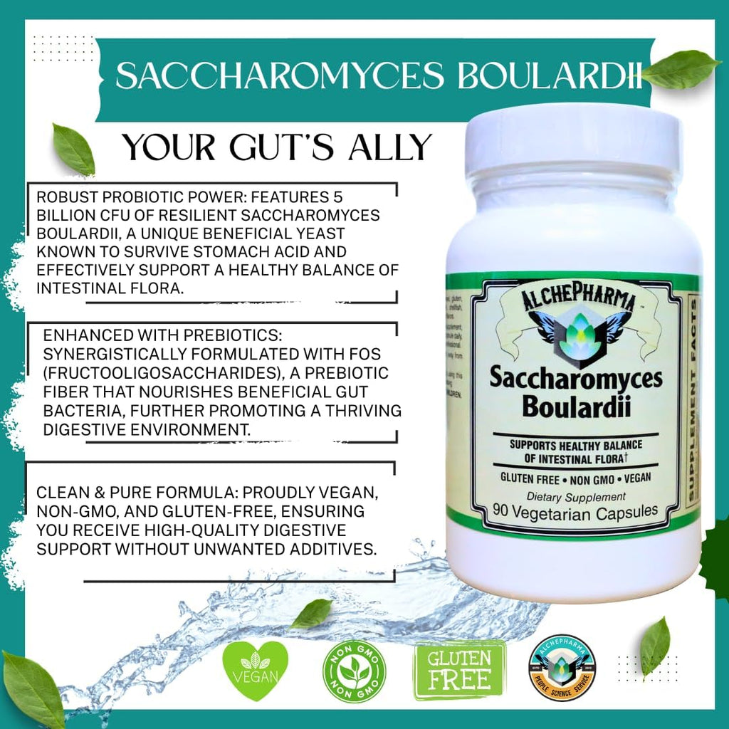 AlchePharma Saccharomyces Boulardii - Probiótico con 5B UFC y FOS Prebiótico