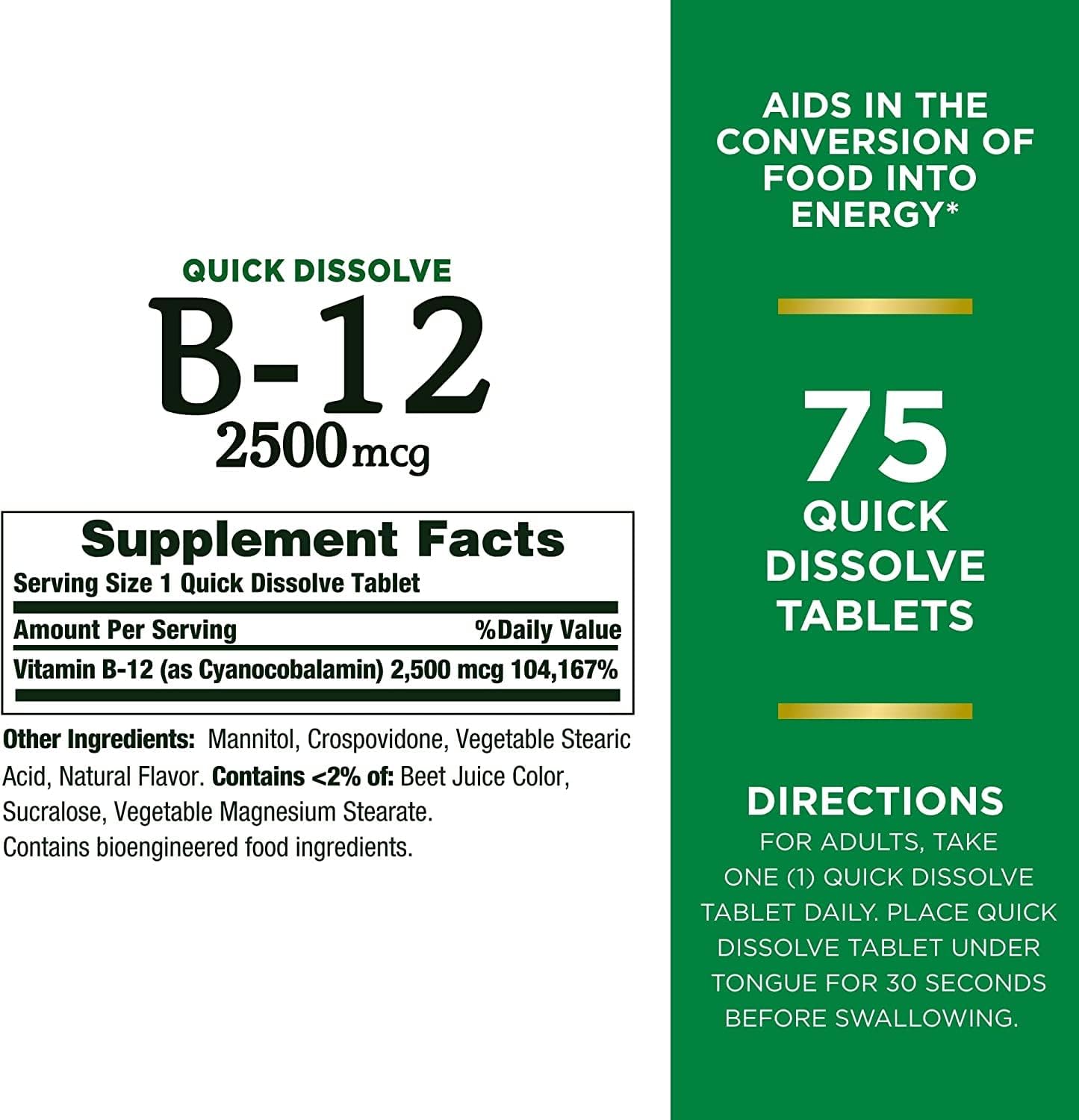 Nature's Bounty Vitamina B12 2500 mcg, 75 Comprimidos de Disolución Rápida (Paquete de 2)