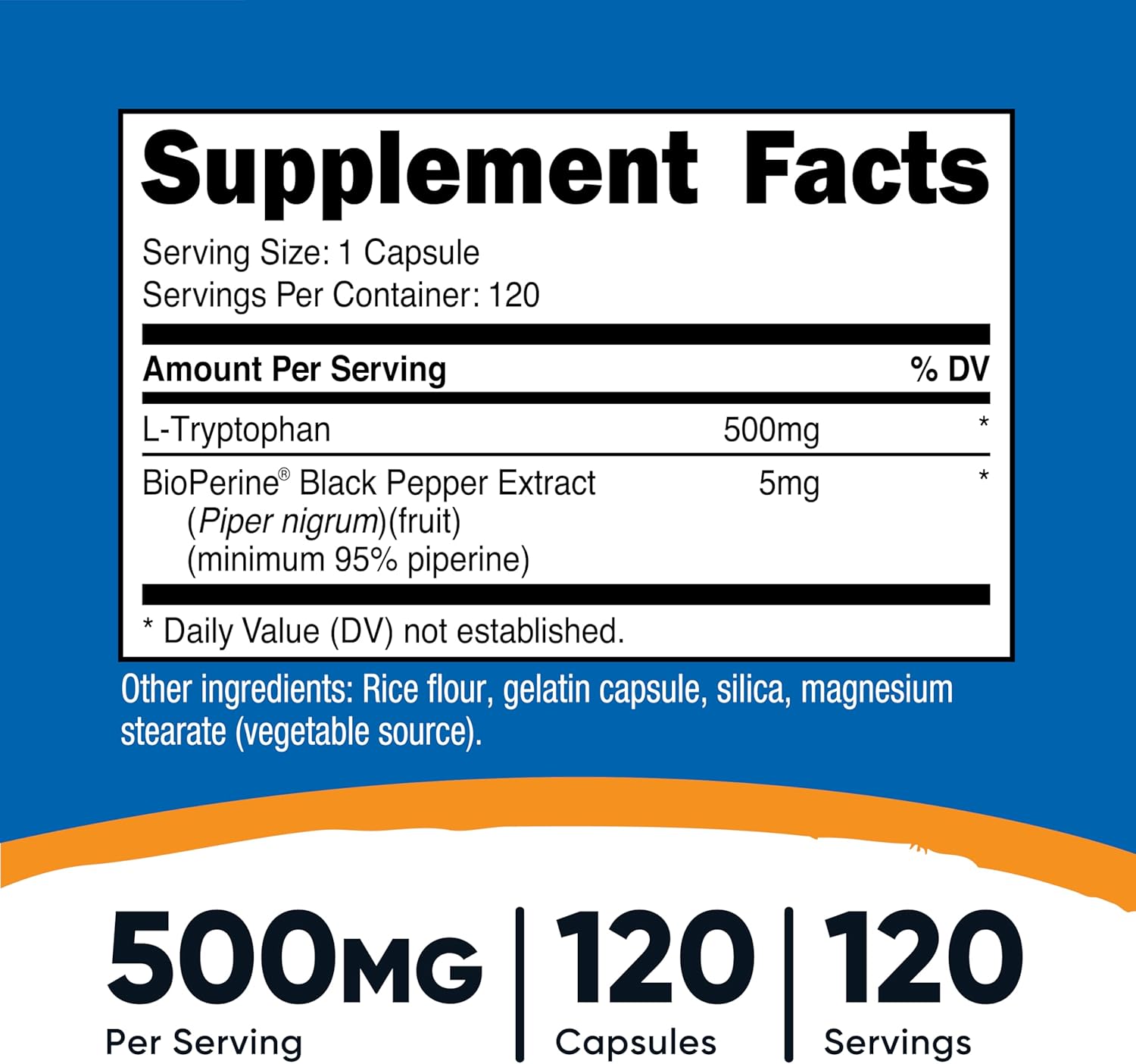 Nutricost L-Tryptophan 500mg, 120 Capsules - with BioPerine, Gluten-Free, Non-GMO
