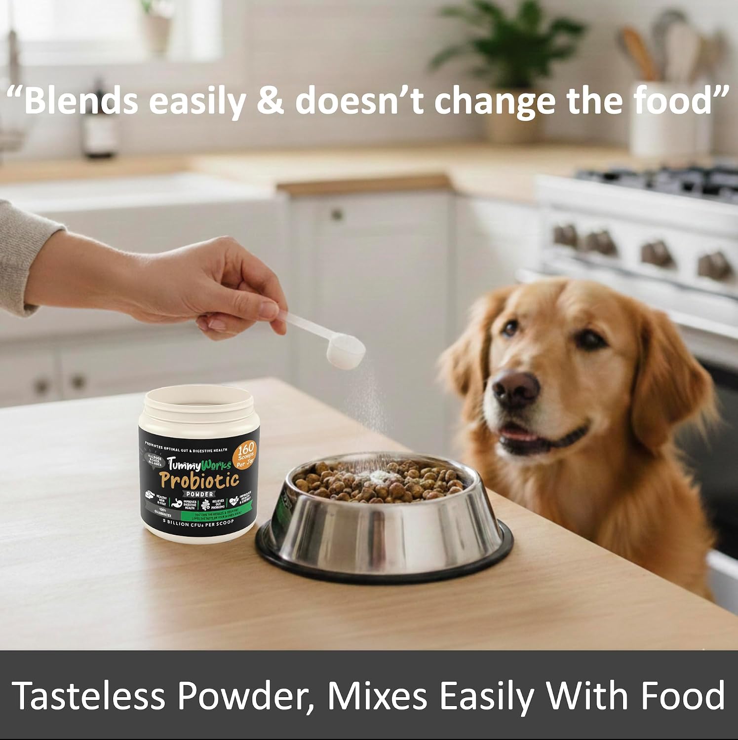 TummyWorks Probióticos para Perros y Gatos - 160 Dosis en Polvo con 10 Cepas, 5 mil millones de UFC, Enzimas y Prebióticos
