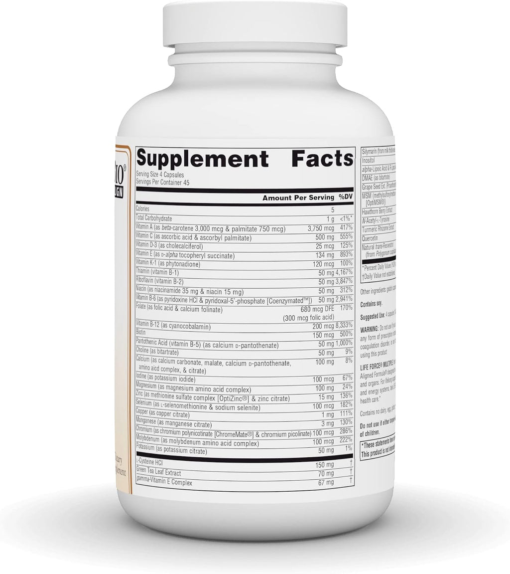 Life Force Multiple Sin Hierro - Multivitamínico de Alta Potencia con Vitaminas, Minerales y Antioxidantes - 180 Cápsulas