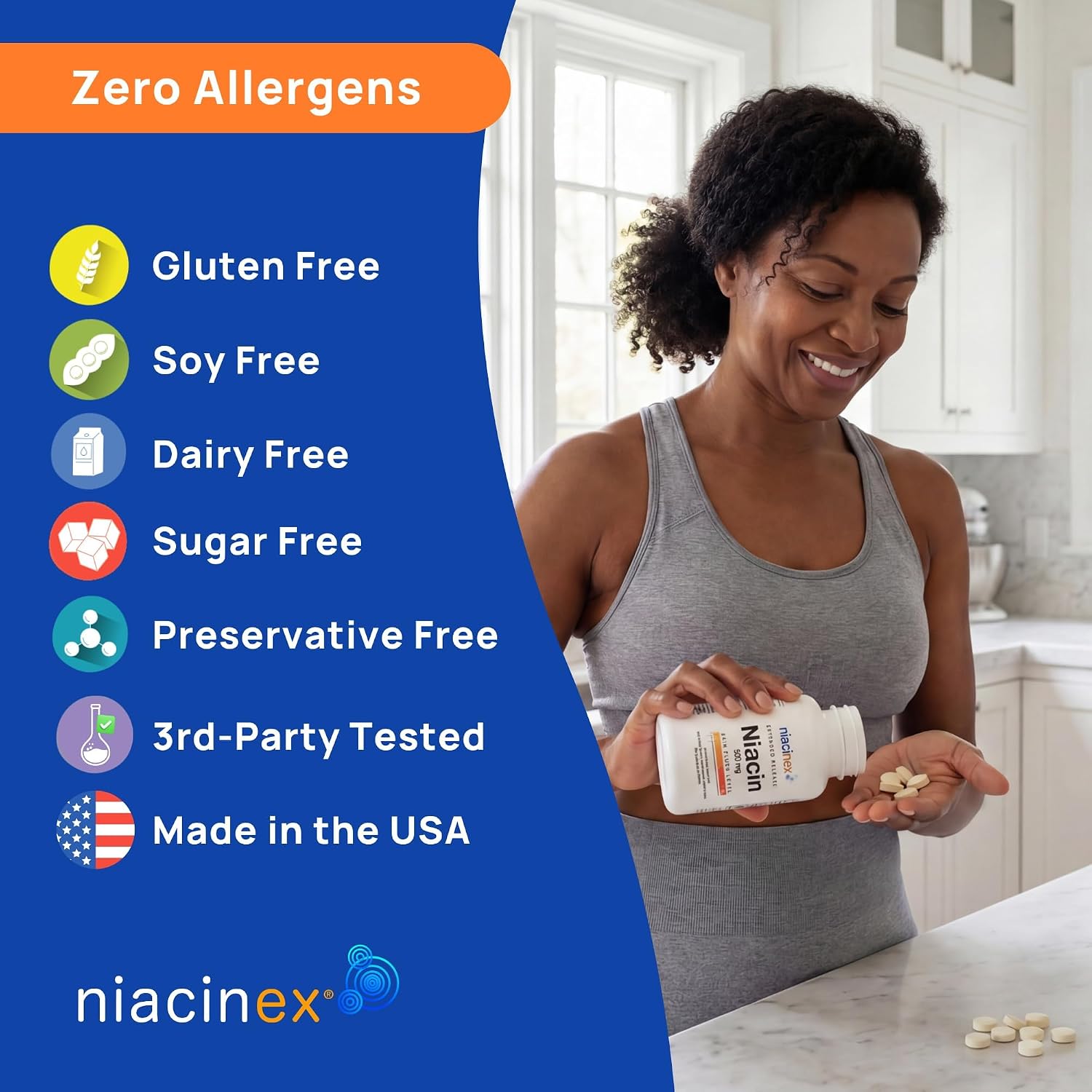 Niacinex Niacina 500mg Liberación Prolongada, 200 Comprimidos - Mínimo Enrojecimiento, Vitamina B3 Vegana