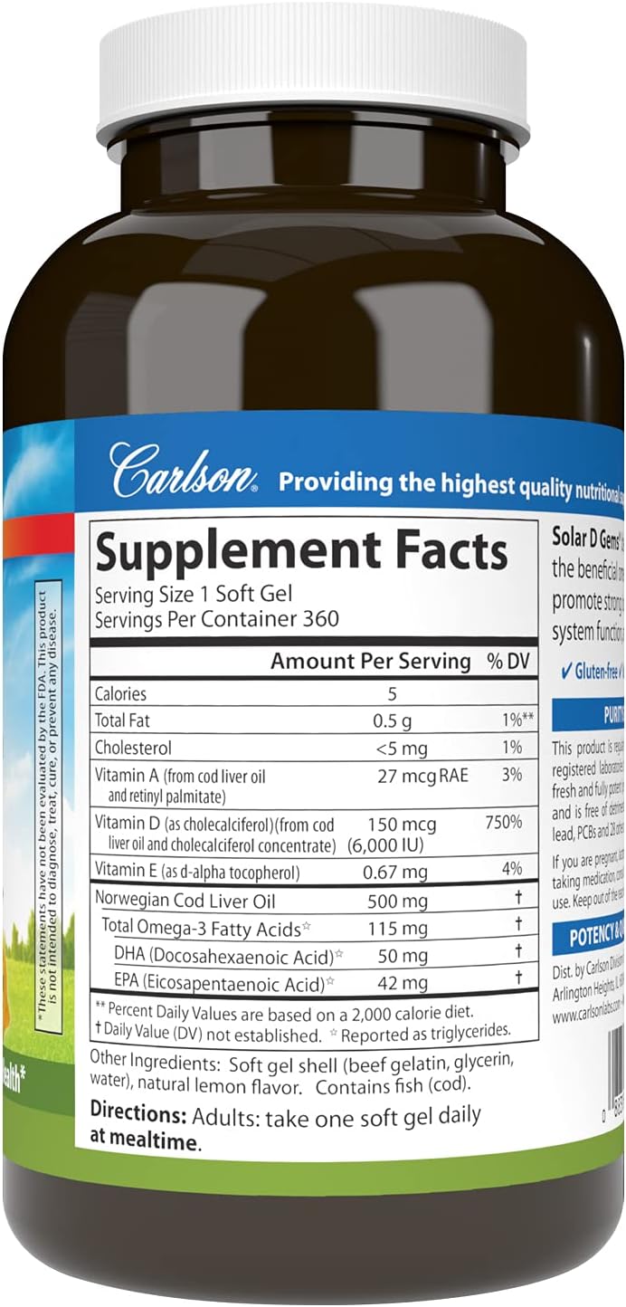 Carlson Solar D Gems - Vitamina D3 y Omega-3, 6000 IU (150 mcg) de D3 + 115 mg de EPA y DHA, 360 perlas blandas de sabor limón