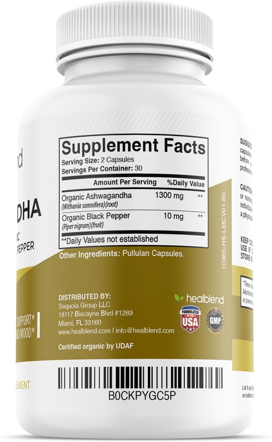 Organic Ashwagandha 1300mg con extracto de pimienta negra - Suplemento para el estado de ánimo y energía - 60 cápsulas
